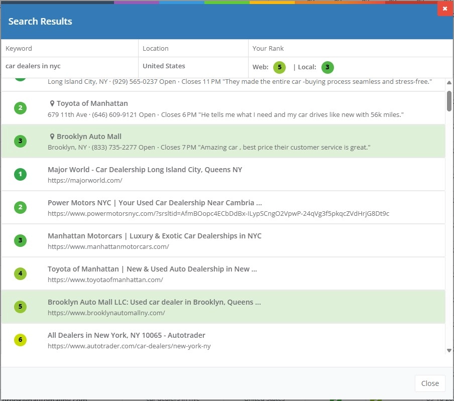 Popup showing search results