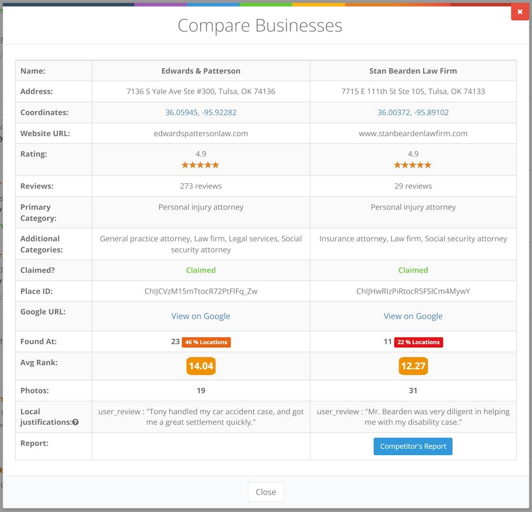 Competitor comparison modal example
