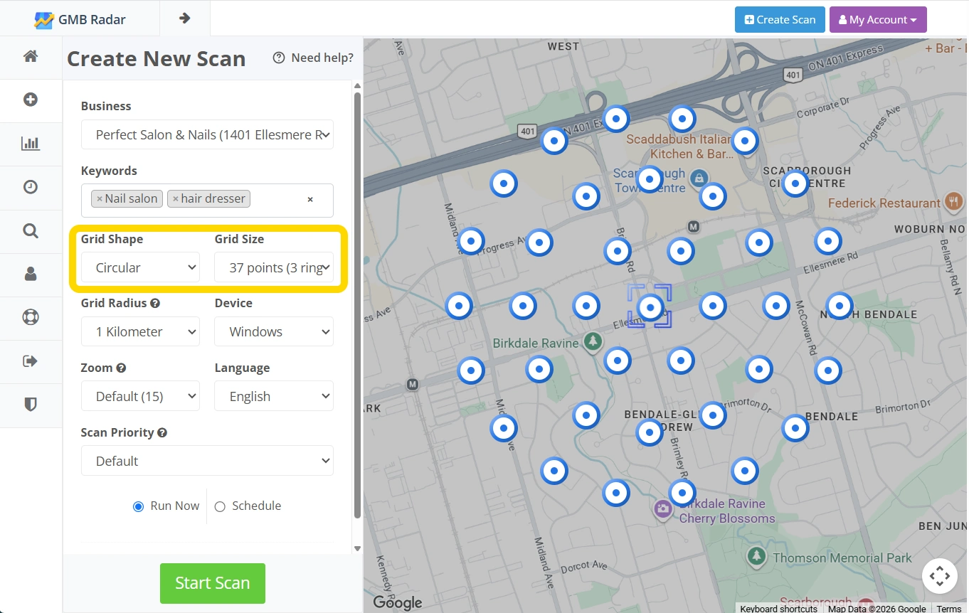 Choose circular grid layout in GMB Radar scan setup