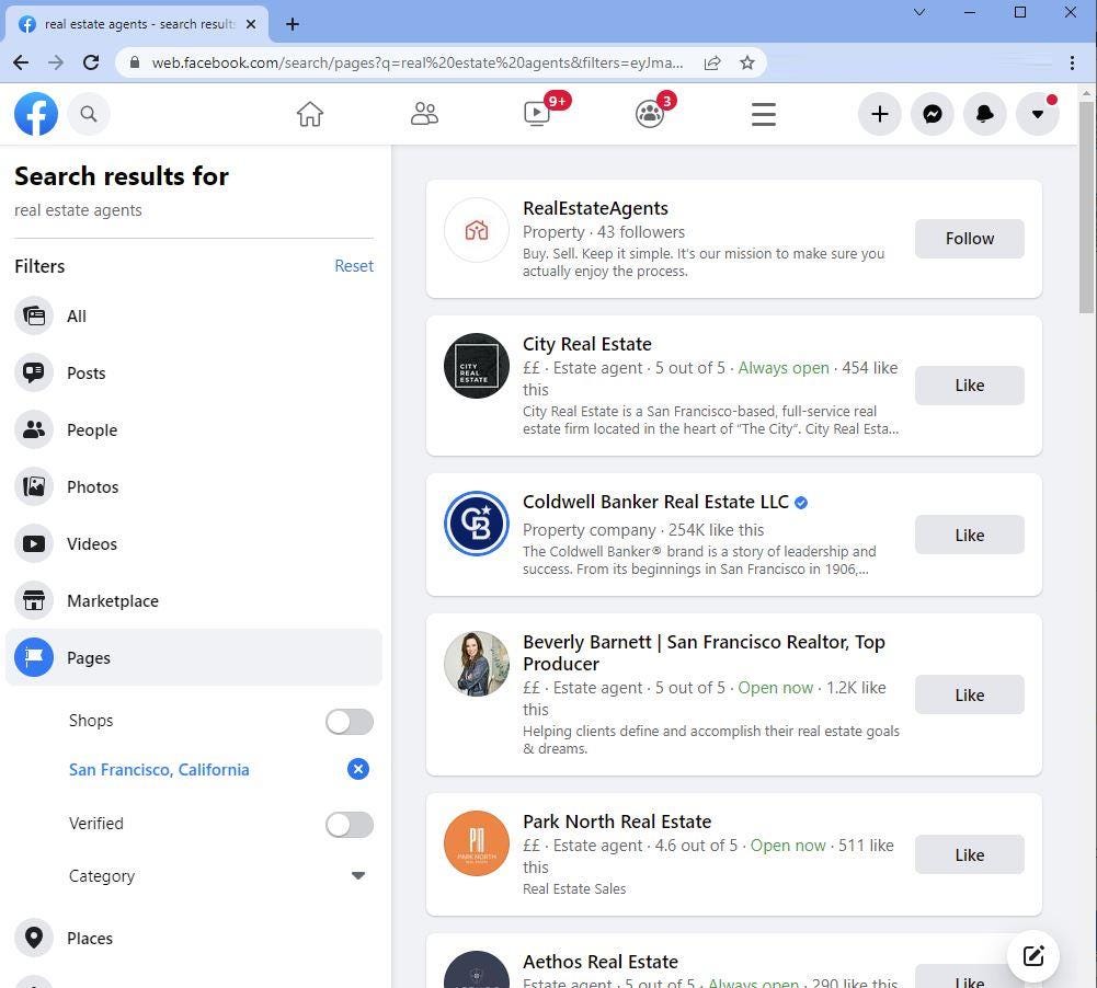 Facebook search results filtered to business pages
