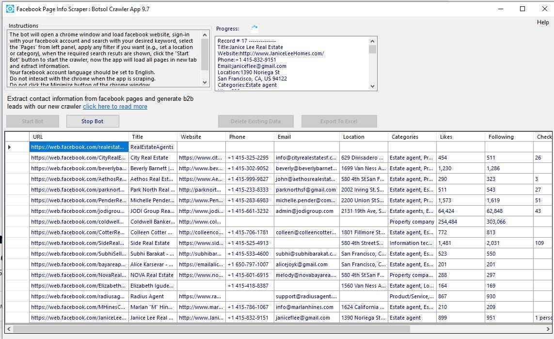 Botsol Facebook Pages Scraper extracting business contact information