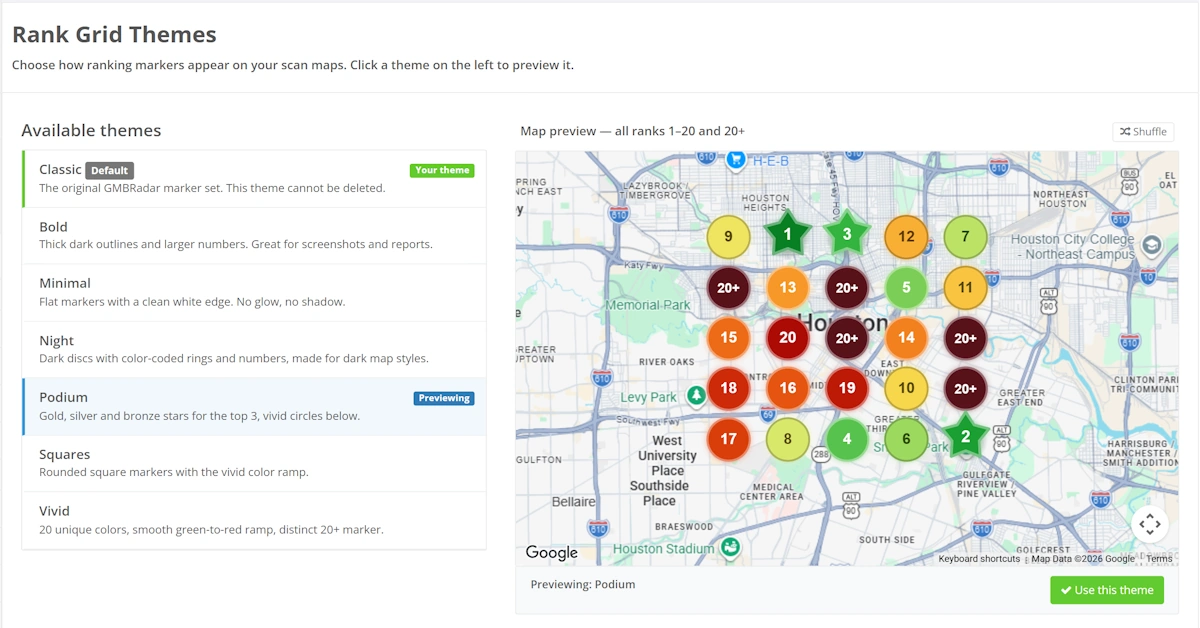 Local rank grid theme selection with live map preview in GMB Radar