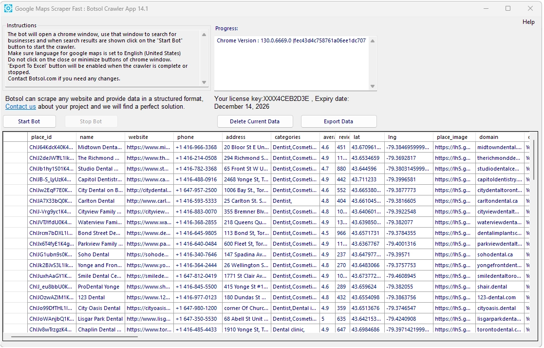 Botsol Google Maps Extractor interface showing live results